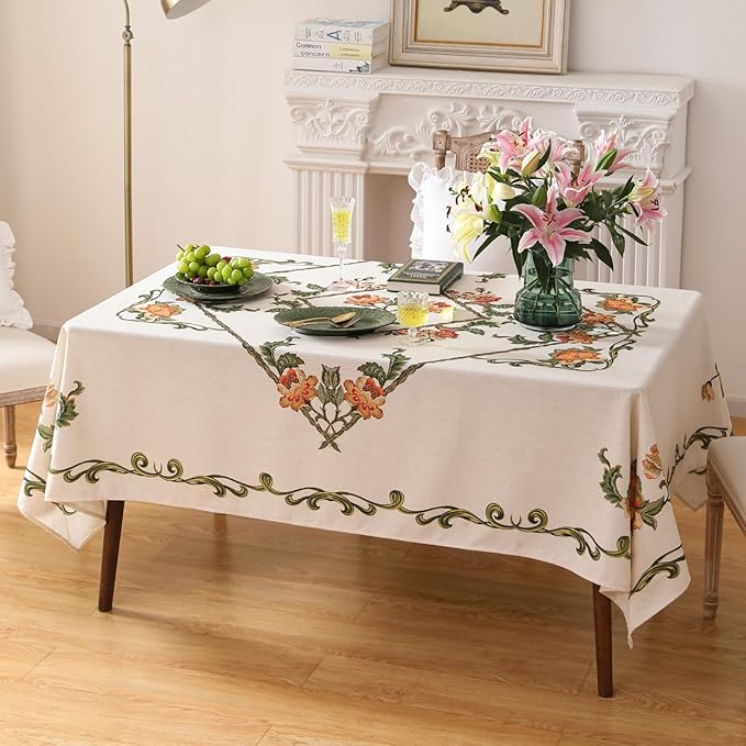 patdrea Designer Vintage Linen Rectangle Tablecloth, French Floral Tablecloths by Welcometopatdrea