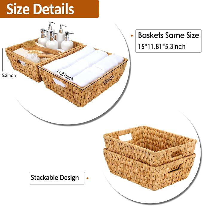Wicker Baskets 2 Pack, Water Hyacinth Wicker Storage Basket - Image 2