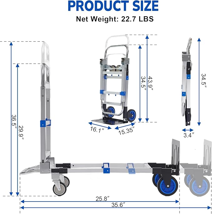 Upgraded 3 in 1 Aluminum Folding Hand Truck, 600lbs Capacity, Heavy Duty - Image 2