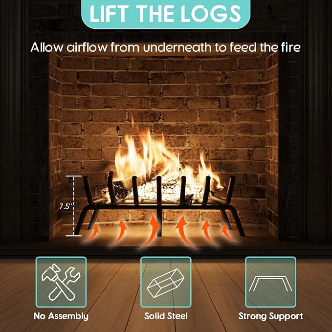 21-Inch Fireplace Grate, Heavy Duty 7-Bar Log Rack Holder Made of Solid Round - Image 4