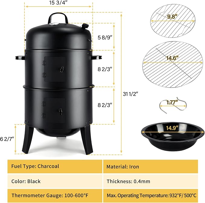 TCFUNDY 32" Vertical Charcoal Smoker Grill, Heavy-Duty BBQ Grill - Image 6
