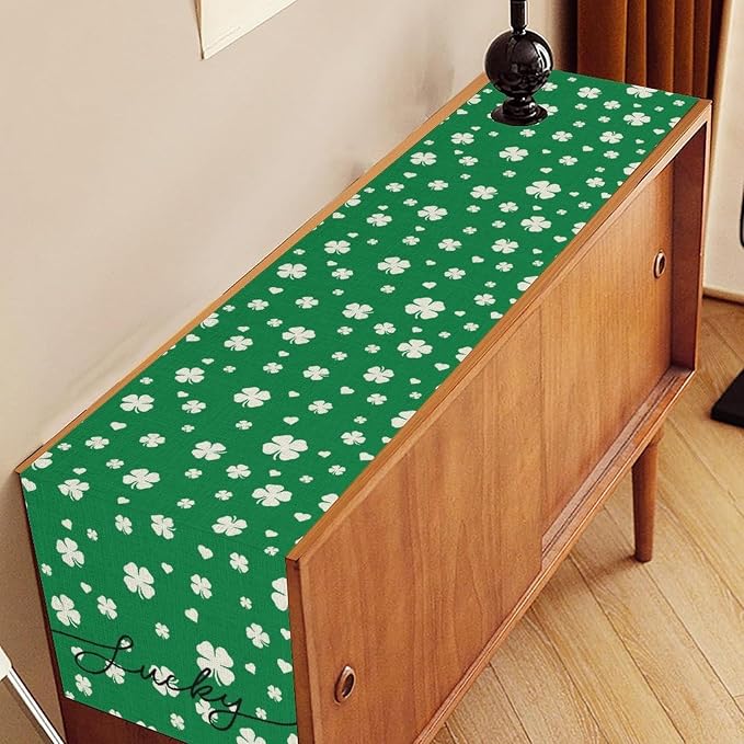 Clover Table Runner, Retro Rustic Green White Clover Seasonal Spring - Image 2