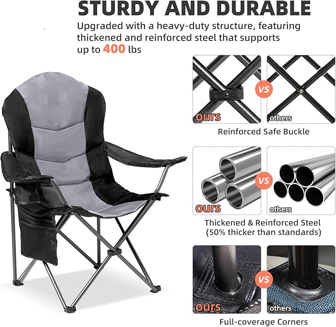 Folding Camping Chairs 2-Pack, Black and Gray, 400 lb Capacity