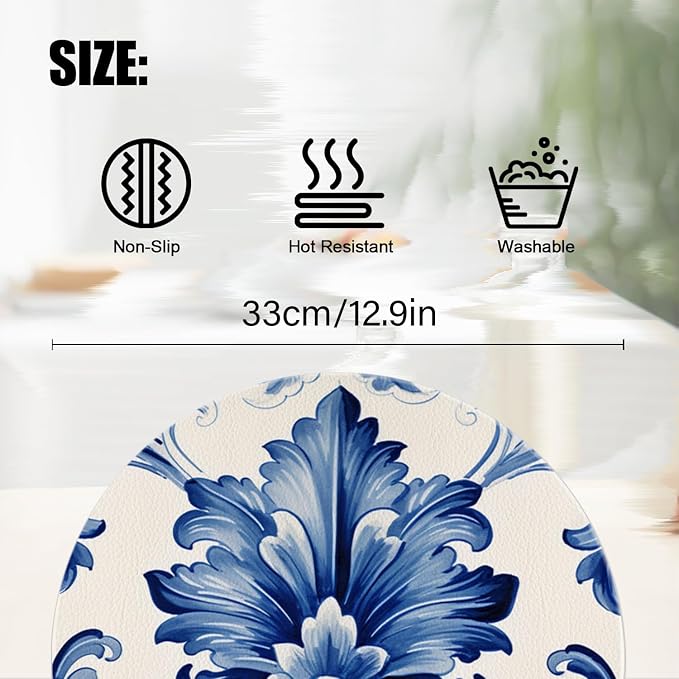 Faux Leather Placemats Set of 4, Watercolor Blue and White Porcelain Patterns - Image 2