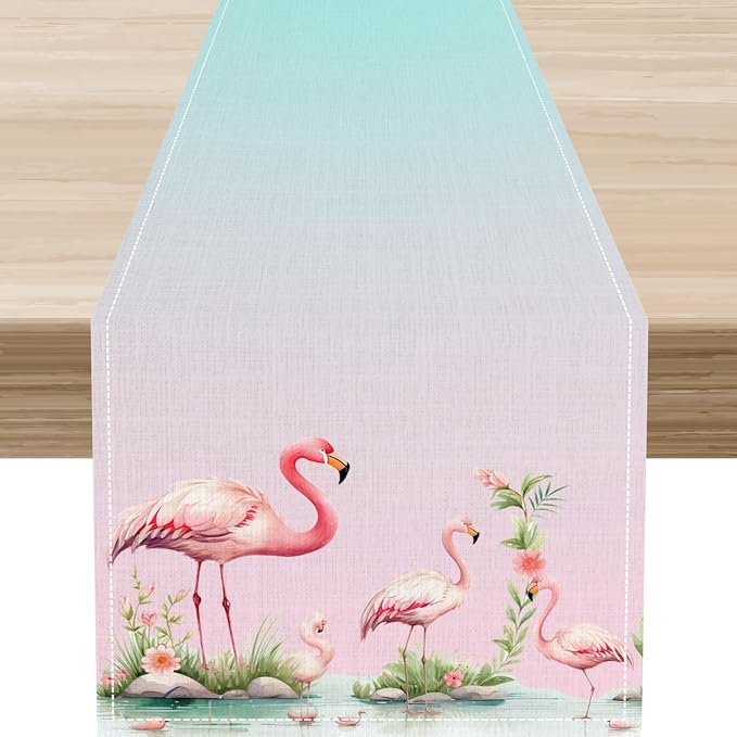 Flamingo Table Runner, Teal Pink Flamingo Family by Unknown
