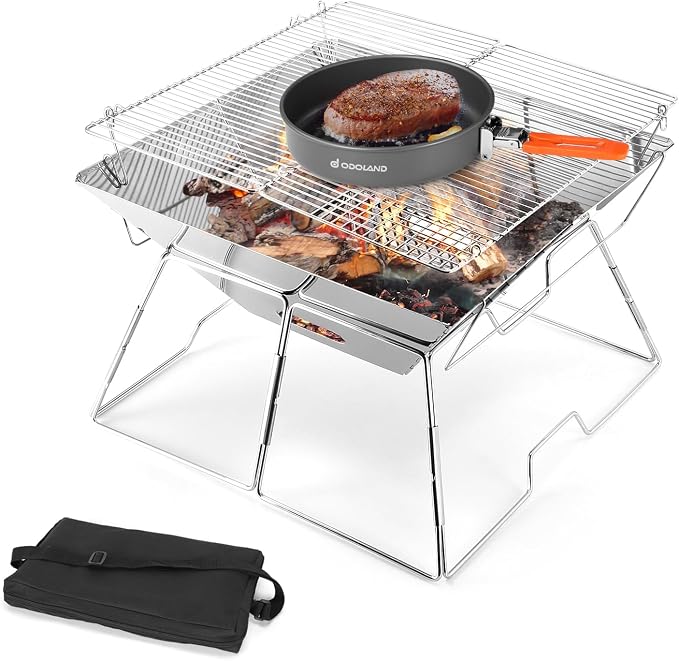 Odoland Folding Campfire Grill, 304 Stainless Steel Grate Barbeque Grill by Odoland