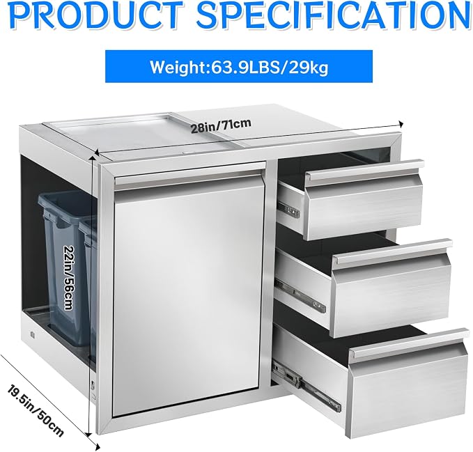 Outdoor Kitchen Drawer Combo, Stainless Steel Triple Drawer Cabinet - Image 5