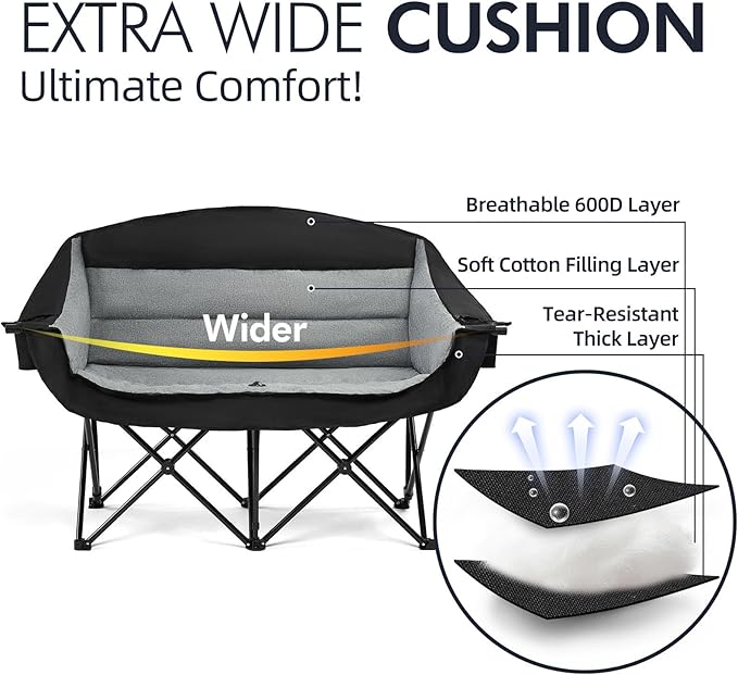 Camping Chair Loveseat for Two in Black and Grey with Metal Frame