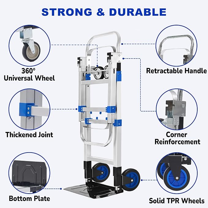 Upgraded 3 in 1 Aluminum Folding Hand Truck, 600lbs Capacity, Heavy Duty - Image 5