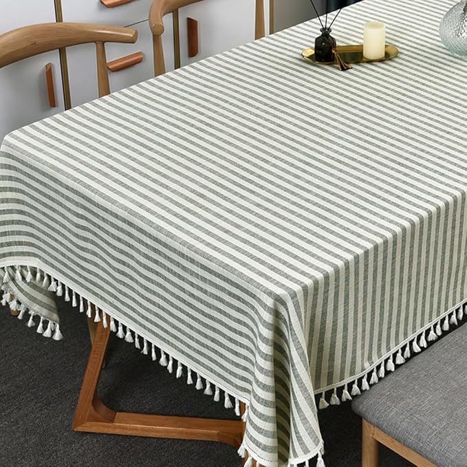 TruDelve Rectangle Cloth Tablecloths Olive Green Striped Tablecloth Boho Fabric by TruDelve