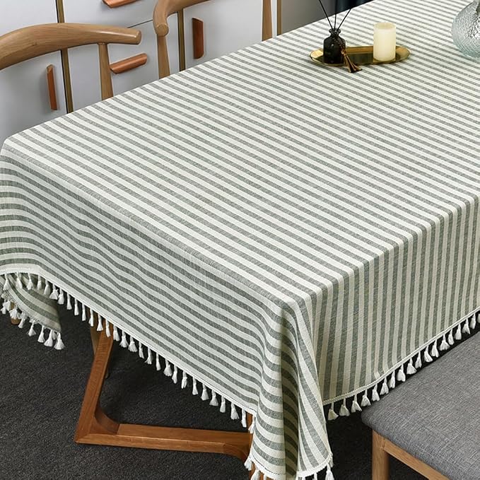TruDelve Extra Long 120 Inch Cotton Tablecloths Olive Green Stripe Table Cloth by TruDelve