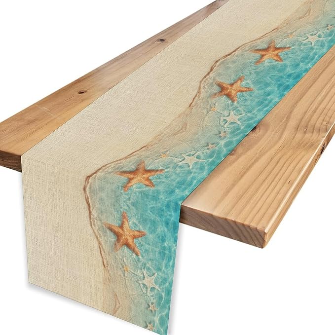 Summer Ocean Starfish Table Runner, Tropical Coastal Blue Sandy Clear Sea Water - Image 4