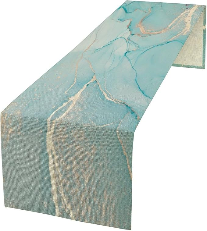 Turquoise Aqua Marble Table Runner, Modern Teal Watercolor Print Table Runner by Unknown