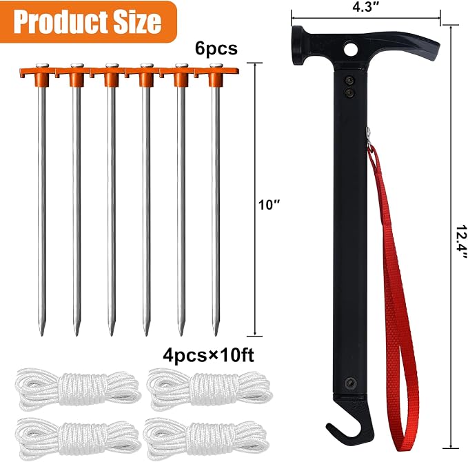 Eurmax USA Hiking Camping Tent Stakes and Hammer Set Lightweight Multi-Function - Image 5