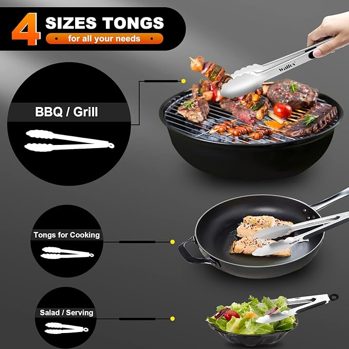 Tongs 4-Piece Stainless Steel Set with Silicone Grip and Locking Ring