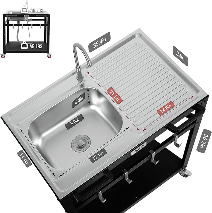 35” Outdoor Grill Cart with Sink, Outdoor Kitchen Sink Station with Hose Hook Up - Image 2