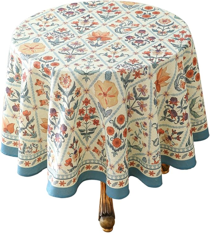 ISAENNE Designer Linen Elegant Small Round Tablecloth, Colorful Floral Bohemian by Isaennehomedecoration