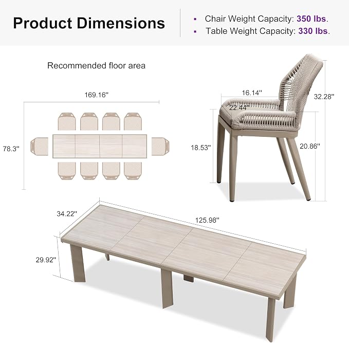 PURPLE LEAF 11 Pieces Patio Dining Set Aluminum Modern Rectangular Table and - Image 9