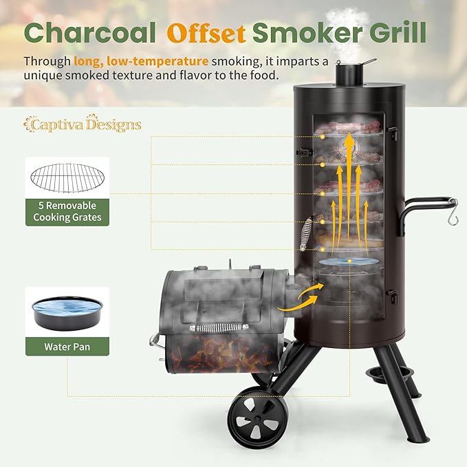 Captiva Designs Charcoal Vertical Smoker Grill and Offset Smoker Grill Combo - Image 3