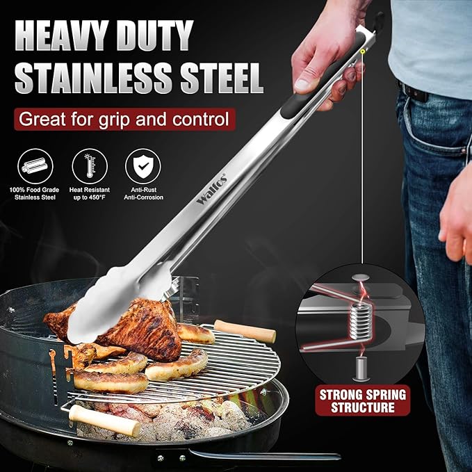 Stainless Steel Grill Tongs, 17 Inch, Set of 2 with Silicone Grips