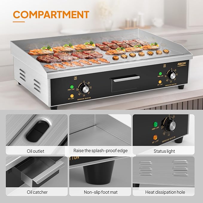 ROVSUN 30" Electric Countertop Flat Top Griddle, 3000W Electric Griddle - Image 3