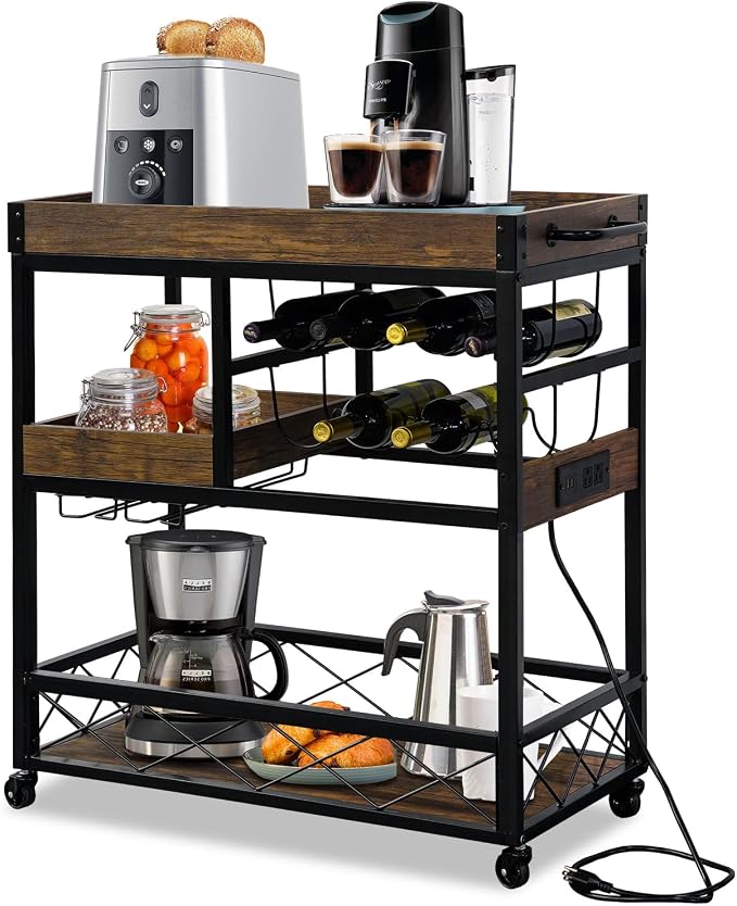 Bar Cart with Power Outlet, Industrial Kitchen Serving Cart with Wine Rack & by Ohsuaniy