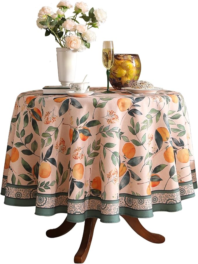 patdrea Designer Linen Small Round Table Cloth, Vintage Framhouse Oranges and by Welcometopatdrea