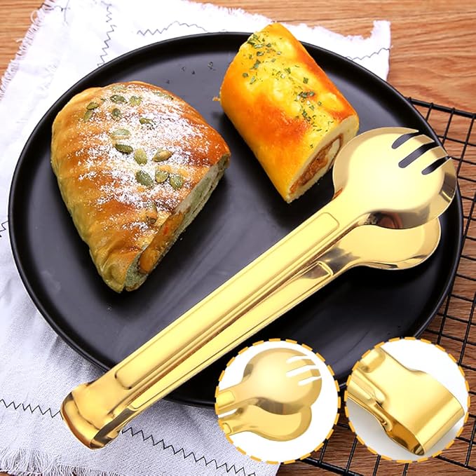 Tongs Set of 4, 9.5 Inch Gold Stainless Steel Food-Grade Serving Tongs