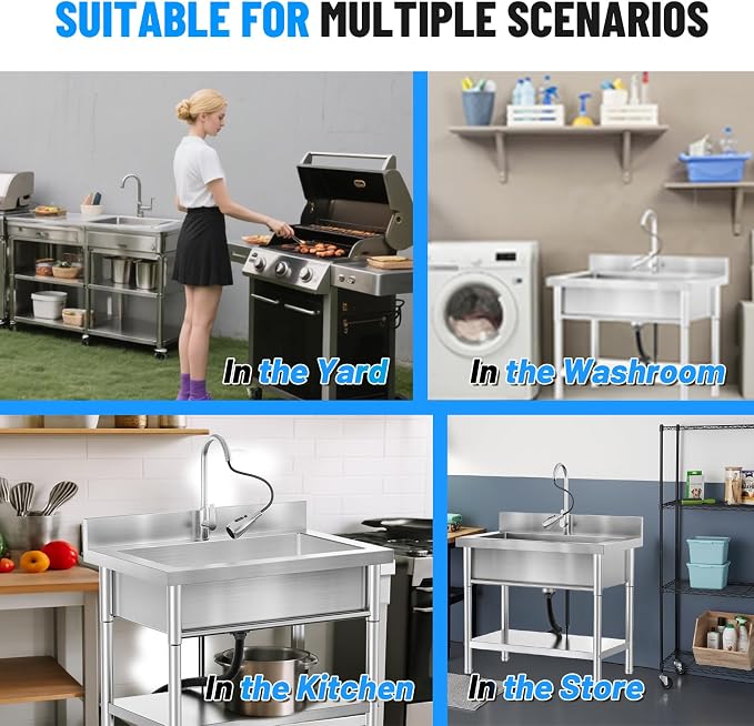 40Inch Stainless Steel Utility Sink, Free Standing Single Bowl Kitchen Sink - Image 5