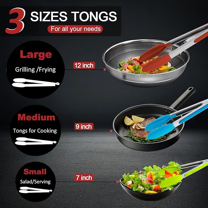 Tongs Set, 9 Pieces in 7, 9 and 12 Inch Sizes with Silicone Tips