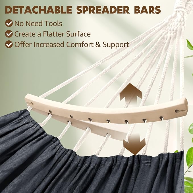 Hammock in Dark Grey Cotton with Spreader Bars, 106 x 59 Inch
