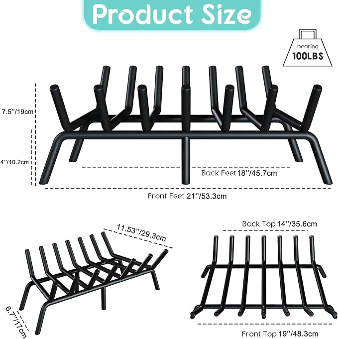 21-Inch Fireplace Grate, Heavy Duty 7-Bar Log Rack Holder Made of Solid Round - Image 2