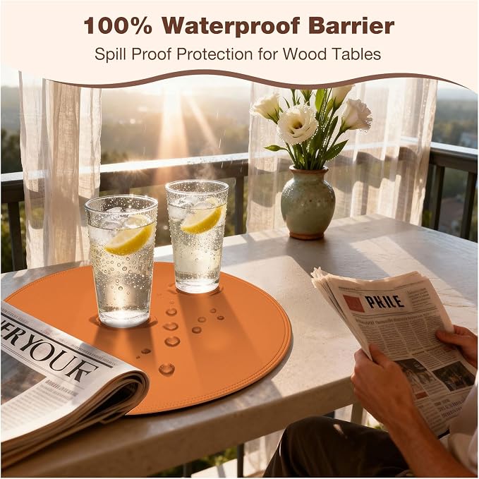 Round Vinyl Orange Placemats Set of 6, Faux Leather Waterproof Wipeable Heat - Image 5
