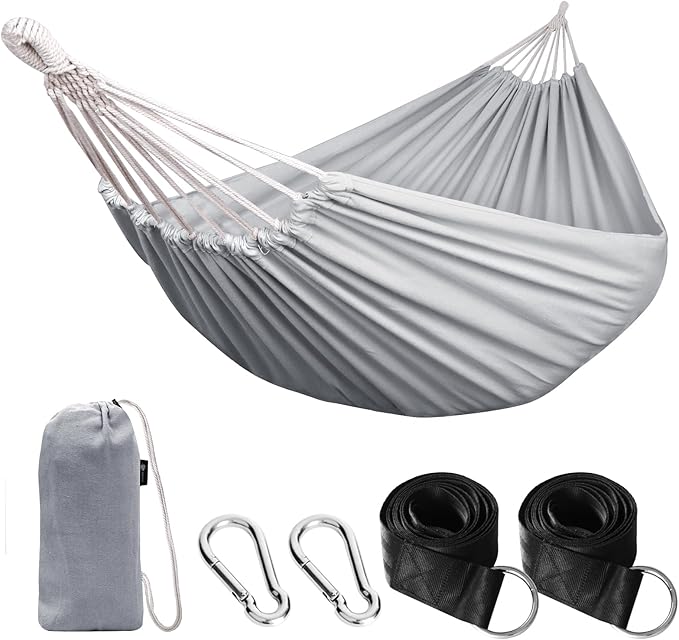 Hammock in Grey Cotton with Anti-Rollover Design, 106 x 59 Inch