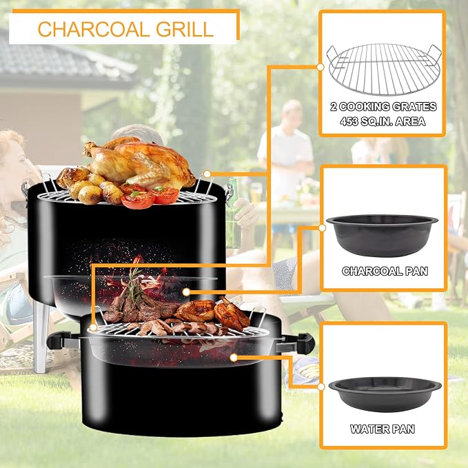 Charcoal BBQ Grill, Heavy Duty 3-in-1 Barbecue Smoker Grill - Image 4