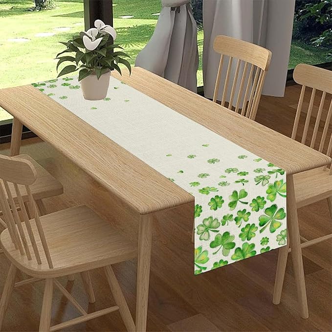 St.Patrick's Day Table Runner, Rustic Green Clover Seasonal Leaves White Green - Image 3