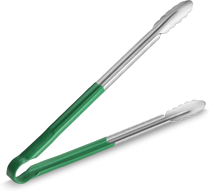 Serving Tongs, 16-Inch Stainless Steel with Green Vinyl Coating, Set of 12