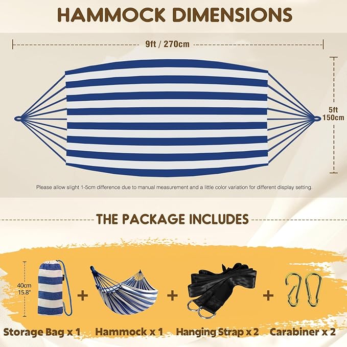 Hammock: Blue/White Cotton, Anti-Rollover Design, 660 lb Capacity