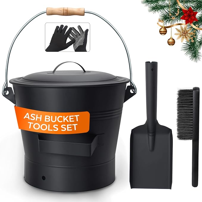 Ash Bucket with Lid and Shovel, 2.6 Gallon Metal Fireplace Ash Bucket with Broom by WelcometoMinimalisthome