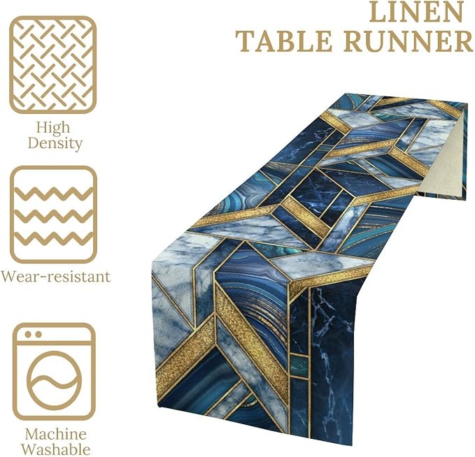 Marble Texture Table Runner, Dark Blue Gold Modern Mosaic Design Table Runner - Image 6