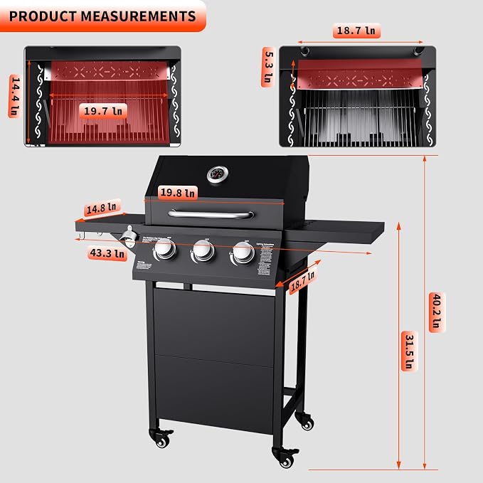 3 Burner Propane Gas Grill, 30000 BTU Outdoor Gas BBQ Grill Cooking - Image 2