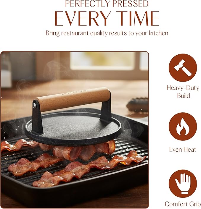 Bellemain Heavy Duty Cast Iron Smash Burger Press 7" Round Grill Press - Image 3