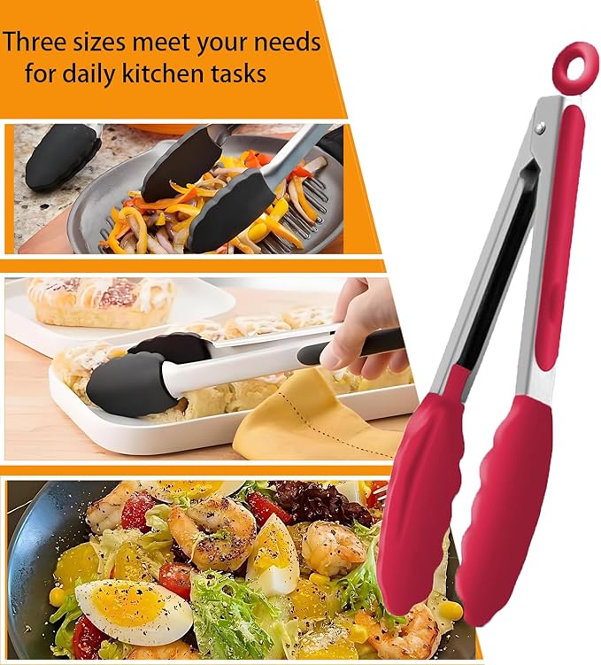 Tongs with Stainless Steel Handles and Silicone Heads, 3 Sizes, Red