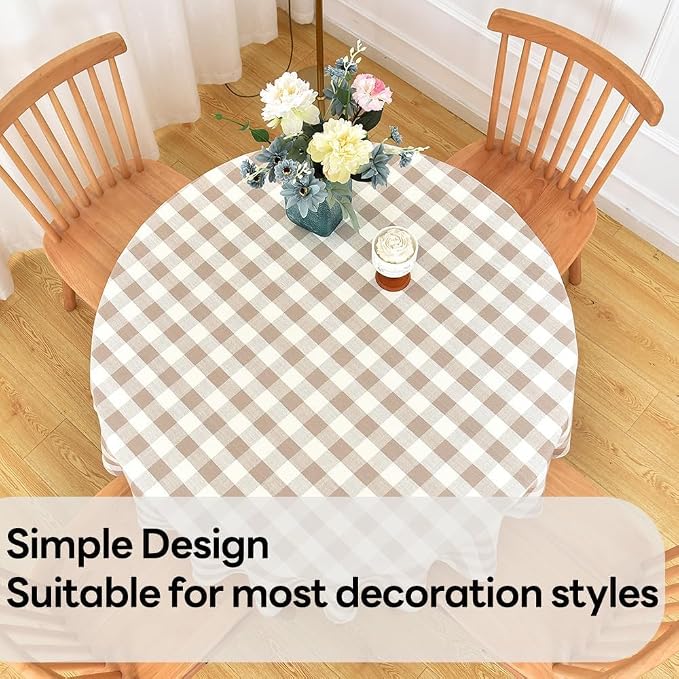 Gingham Table Cloth for Round Tables Beige Checkered Plaid Tablecloth Heavy - Image 6