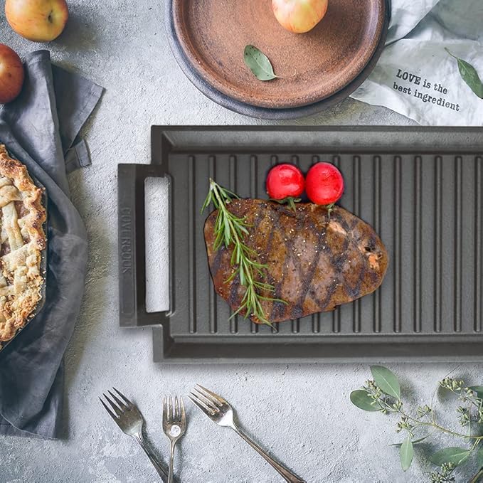 Griddle Pan, Ribbed Cast Iron Surface, Gray, 16.7 x 9.1 in