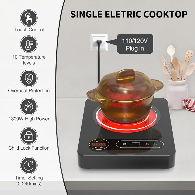 VBGK Single Burner Electric Cooktop, 110V 1800W Electric Stove Top - Image 4