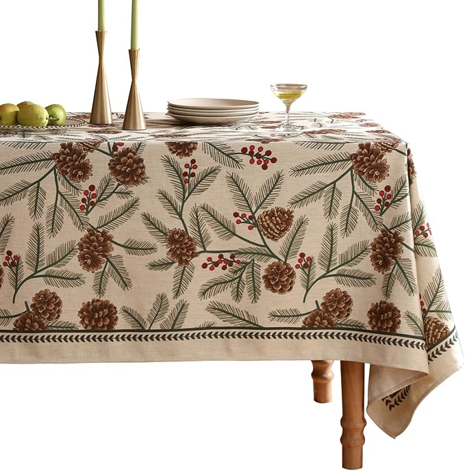 ISAENNE Designer Christmas Beige Linen Small Square Tablecloth, Pinecones by Isaennehomedecoration