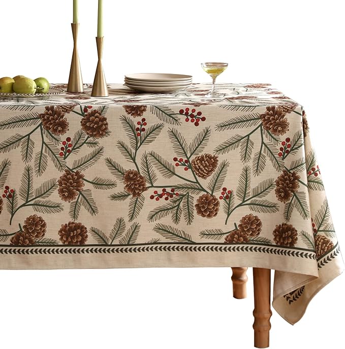 ISAENNE Designer Christmas Beige Linen Long Rectangle Tablecloth, Pinecones by Isaennehomedecoration