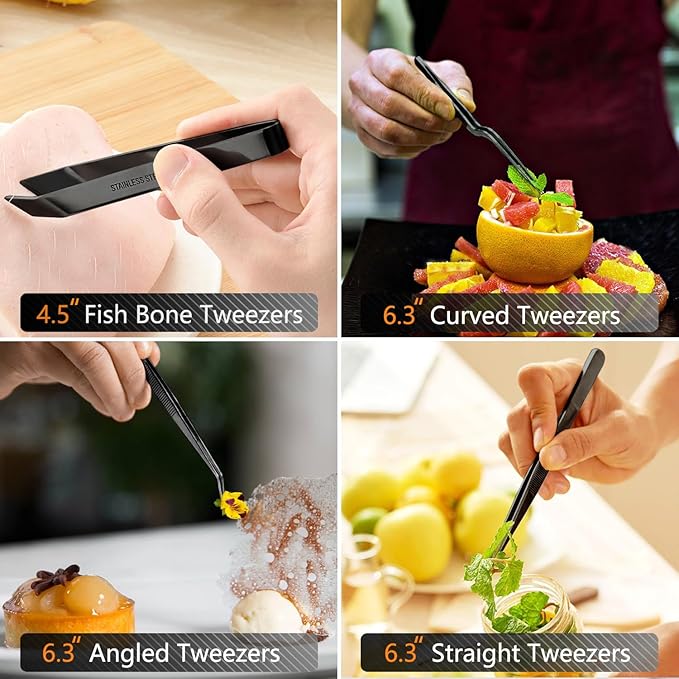 Tweezer Tongs 6-Piece Set, Stainless Steel, 12-Inch and 6.3-Inch, Black