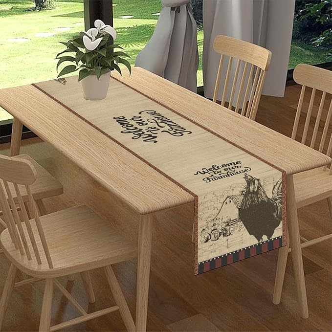 Rustic Farmhouse Table Runner, Vintage Barn Cottage Rooster Retro Farm Country - Image 2